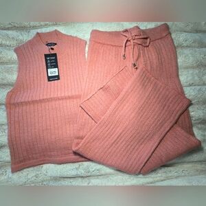 S. CHRISTINA 100% CASHMERE L/XL DARK PINK RIBBED VEST & PANT SET, SUPER SOFT